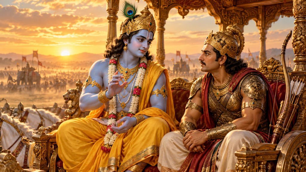 রথে বসে অর্জুনকে উপদেশ দিচ্ছেন শ্রীকৃষ্ণ—শিল্পীর কল্পনায় গীতার দৃশ্য।