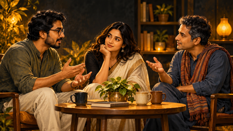 তিনজন মানুষ টেবিলে বসে মনোযোগ দিয়ে পরস্পরের কথা শুনছেন ও আলোচনা করছেন।