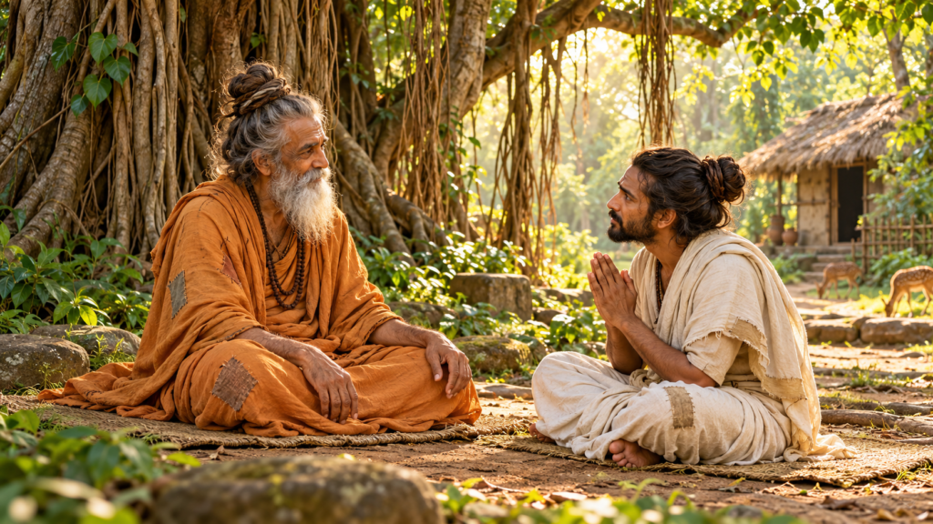 বটগাছের নিচে বসে থাকা জটাধারী ঋষির সামনে হাত জোড় করে বসেছেন এক শিষ্য।