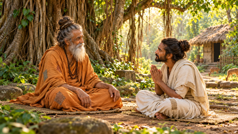 বটগাছের নিচে বসে থাকা জটাধারী ঋষির সামনে হাত জোড় করে বসেছেন এক শিষ্য।