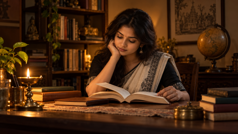 সোনালি প্রদীপের আলোয় কাঠের টেবিলে বসে একজন নারী বই পড়ছেন।