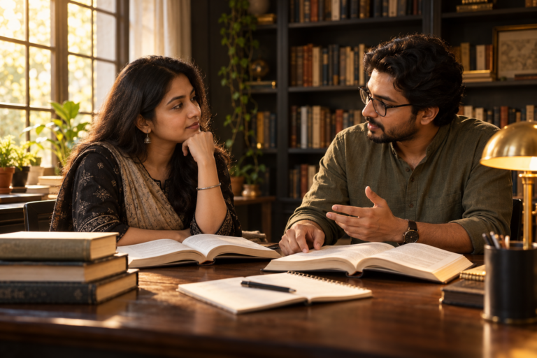 একজন নারী ও একজন পুরুষ খোলা বই সামনে রেখে মনোযোগ দিয়ে আলোচনা করছেন।
